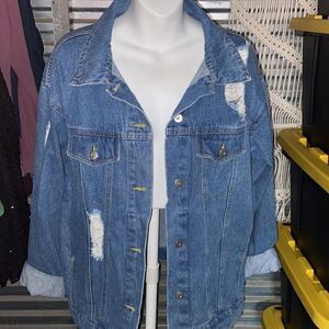 Love Tree Oversized Distressed Denim Blue Jean Jacket Medium